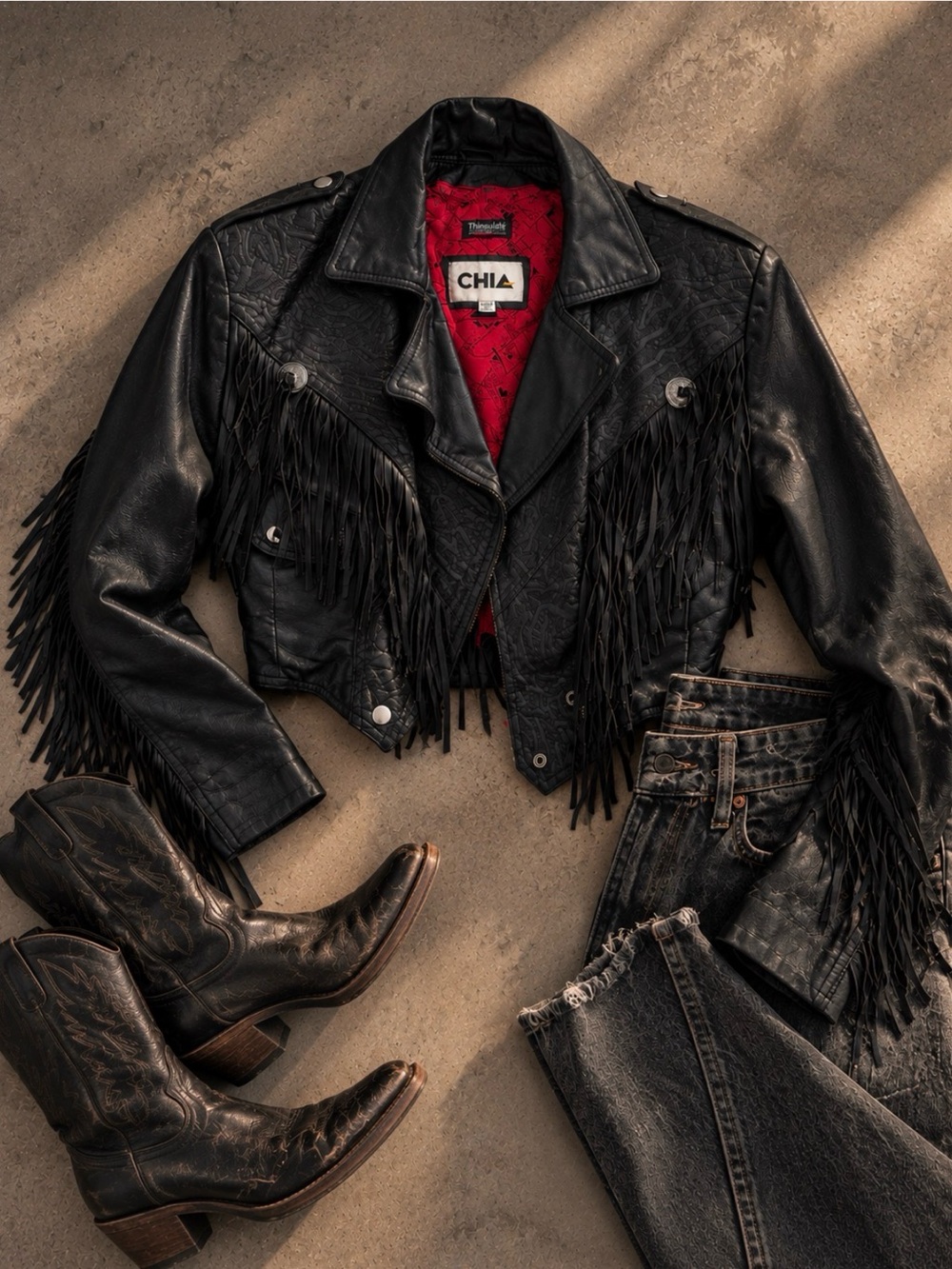 CHIA Black Fringe Leather motorcycle cropped Jacket with western flare